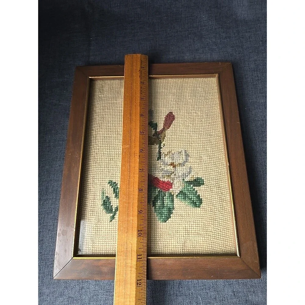 Vintage Framed Handmade Embroidery Needlepoint Red Bird Cardinals With Flowers